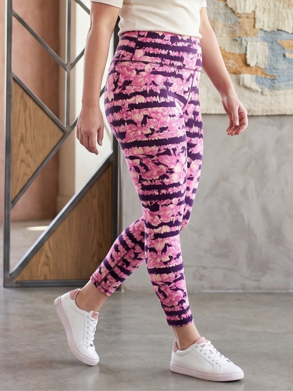 LuLaRoe OS Pink Purple Floral Stripe Leggings Soft